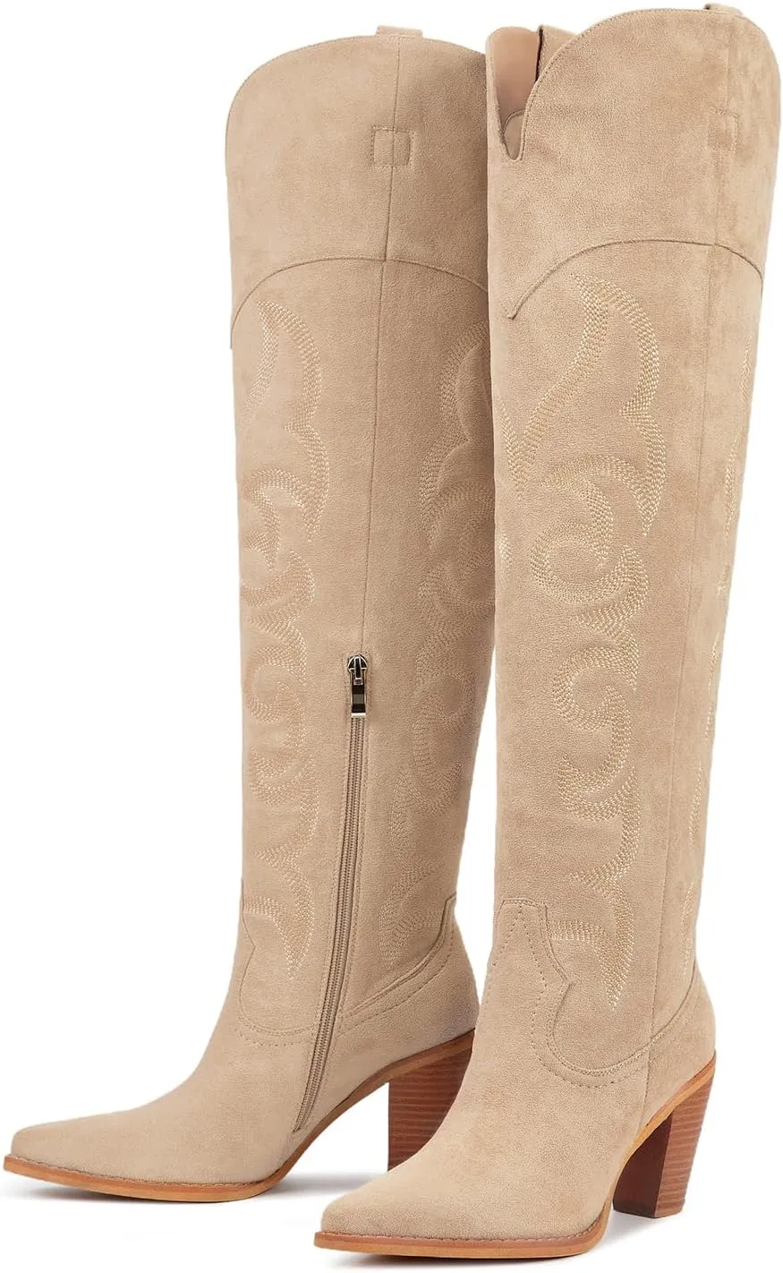 ISNOM Thigh High Cowboy Cowgirl Boots for Women, Over the Knee Western Boots with Vintage Embroidery, Side Zipper, Chunky Heel Design