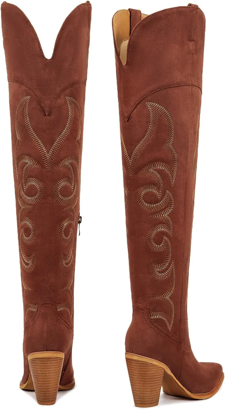 ISNOM Thigh High Cowboy Cowgirl Boots for Women, Over the Knee Western Boots with Vintage Embroidery, Side Zipper, Chunky Heel Design