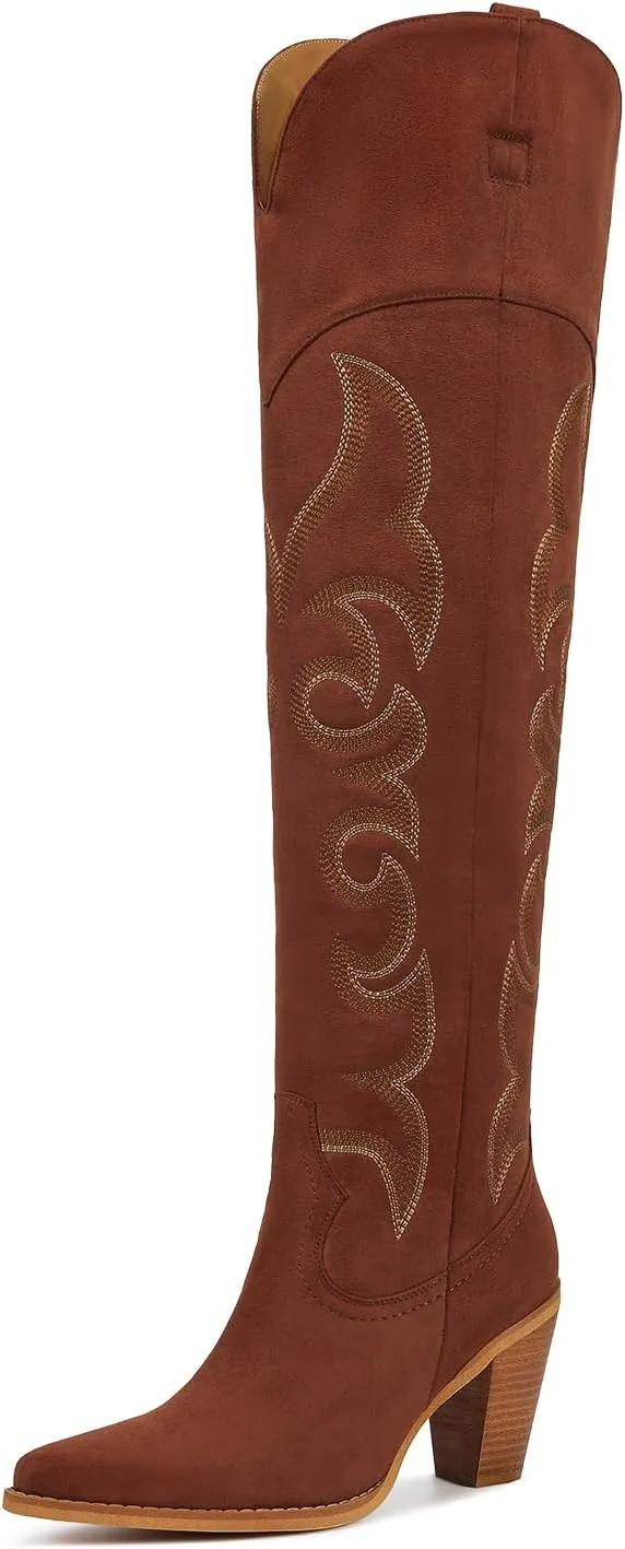 ISNOM Thigh High Cowboy Cowgirl Boots for Women, Over the Knee Western Boots with Vintage Embroidery, Side Zipper, Chunky Heel Design