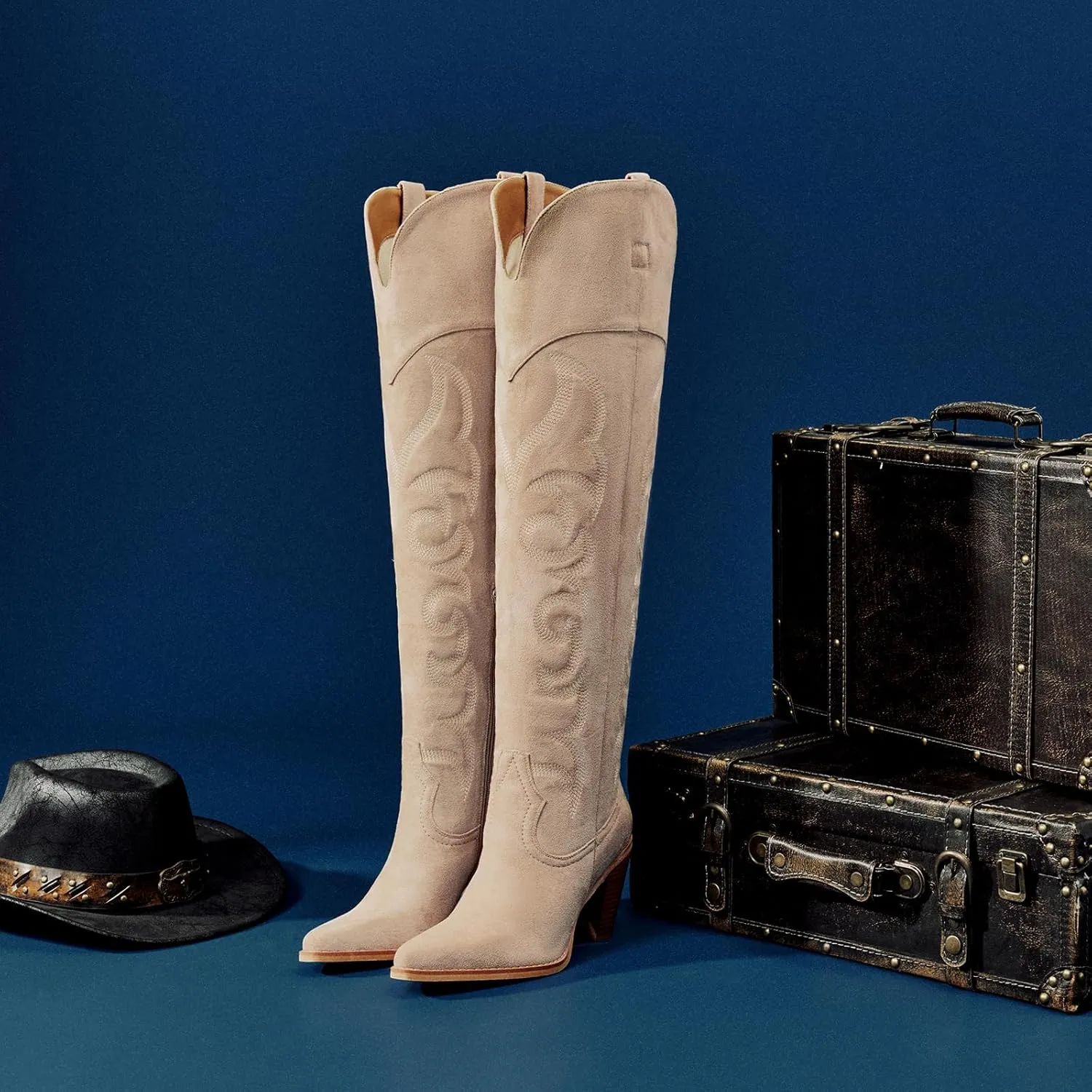 ISNOM Thigh High Cowboy Cowgirl Boots for Women, Over the Knee Western Boots with Vintage Embroidery, Side Zipper, Chunky Heel Design