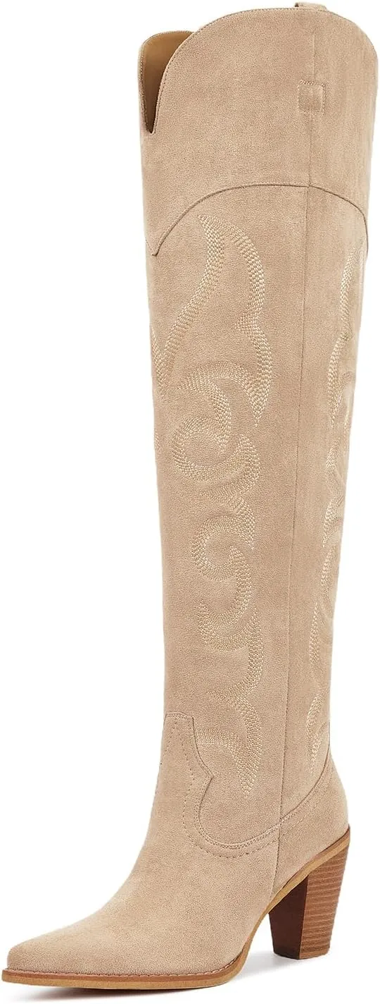 ISNOM Thigh High Cowboy Cowgirl Boots for Women, Over the Knee Western Boots with Vintage Embroidery, Side Zipper, Chunky Heel Design