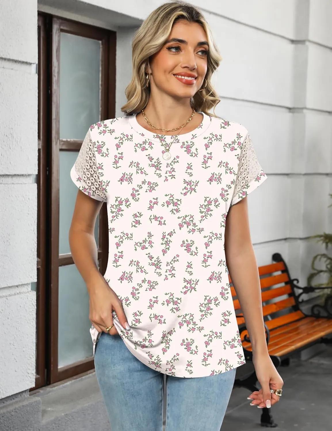 Ivicoer Womens Tops Lace Short Sleeve Blouses Dressy Casual Summer Tshirts Business Outfits