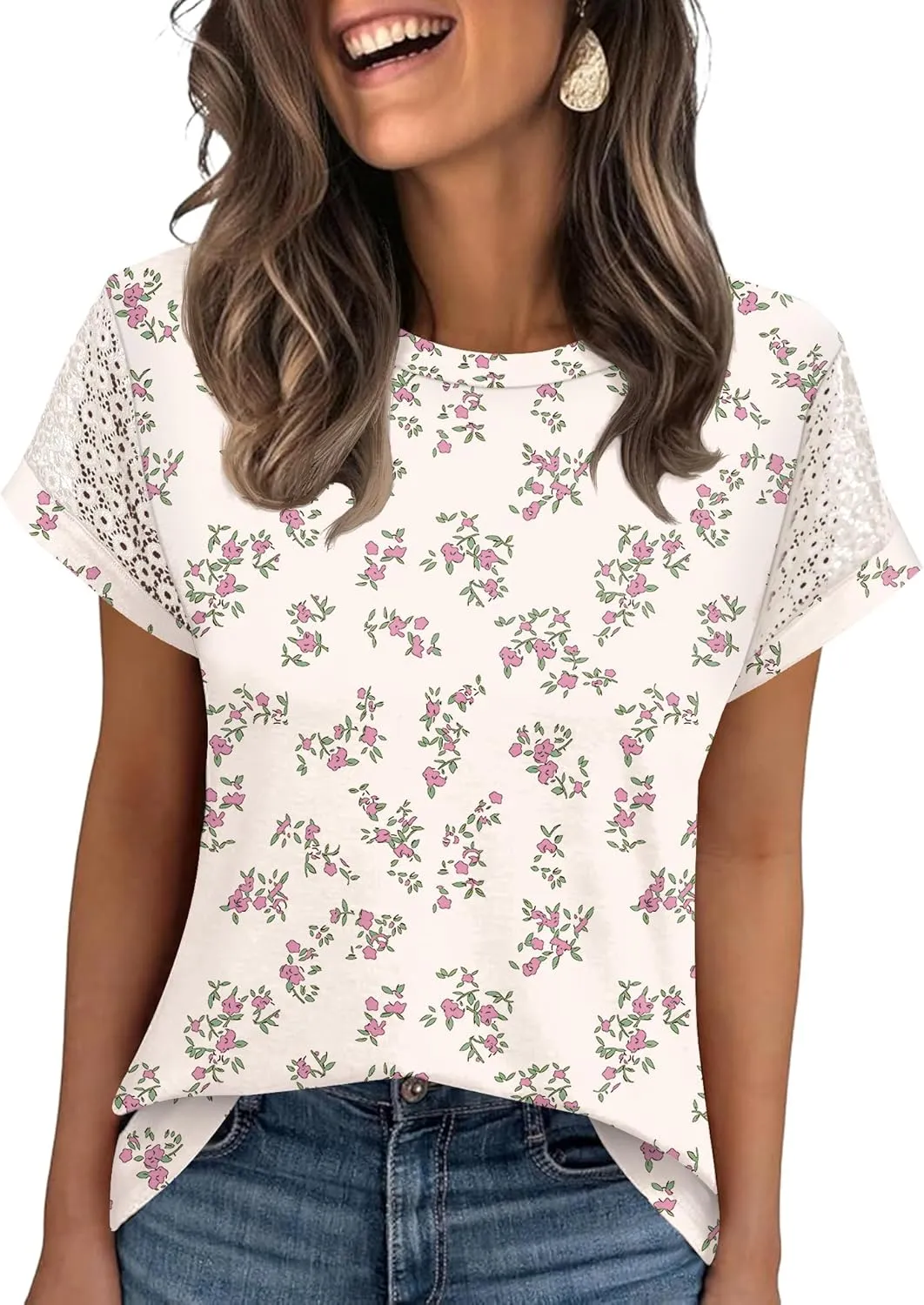 Ivicoer Womens Tops Lace Short Sleeve Blouses Dressy Casual Summer Tshirts Business Outfits