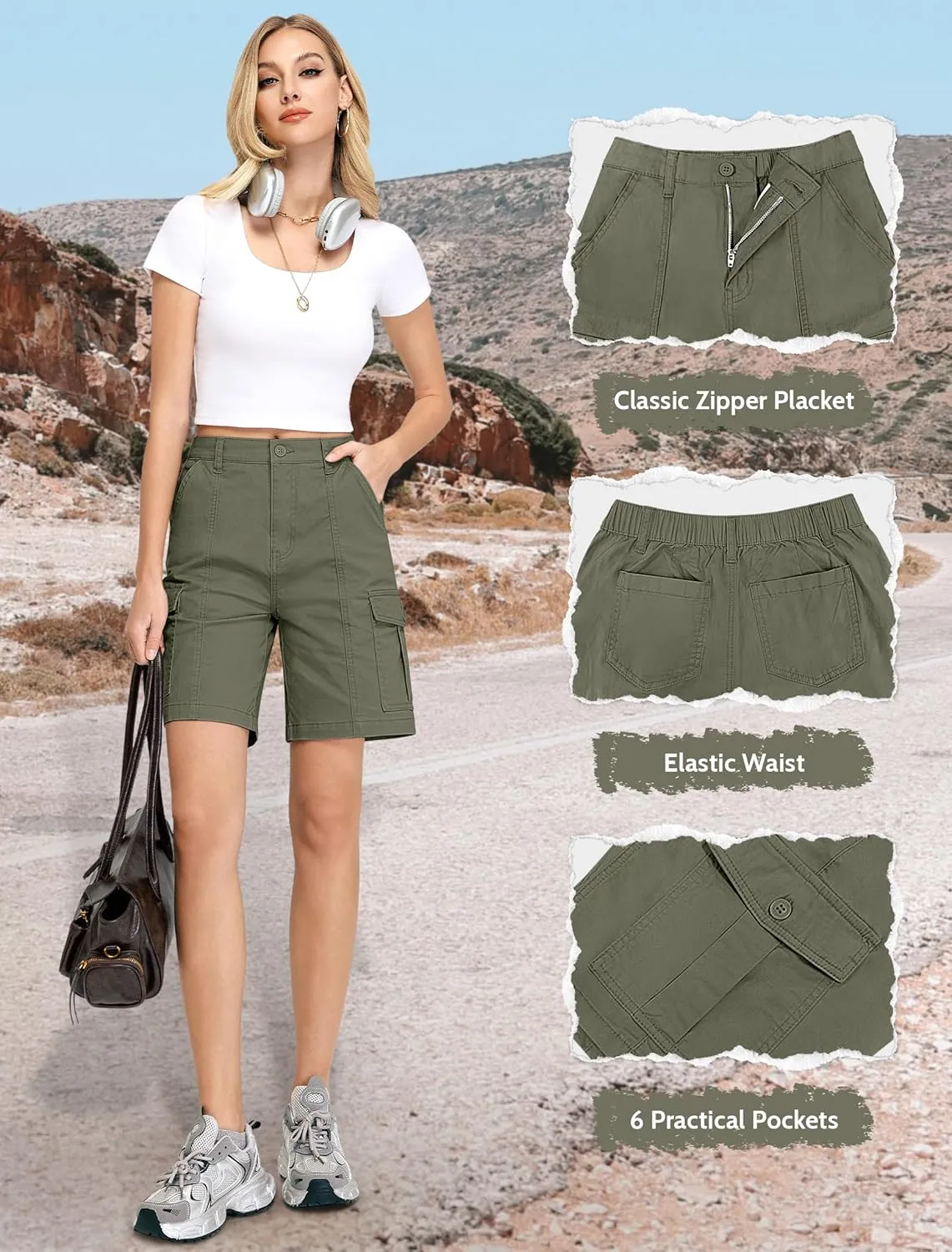 IWD Bermuda Cargo Denim Shorts for Women Knee Length 6 Pockets Elastic Waist Long Jorts for Summer Casual