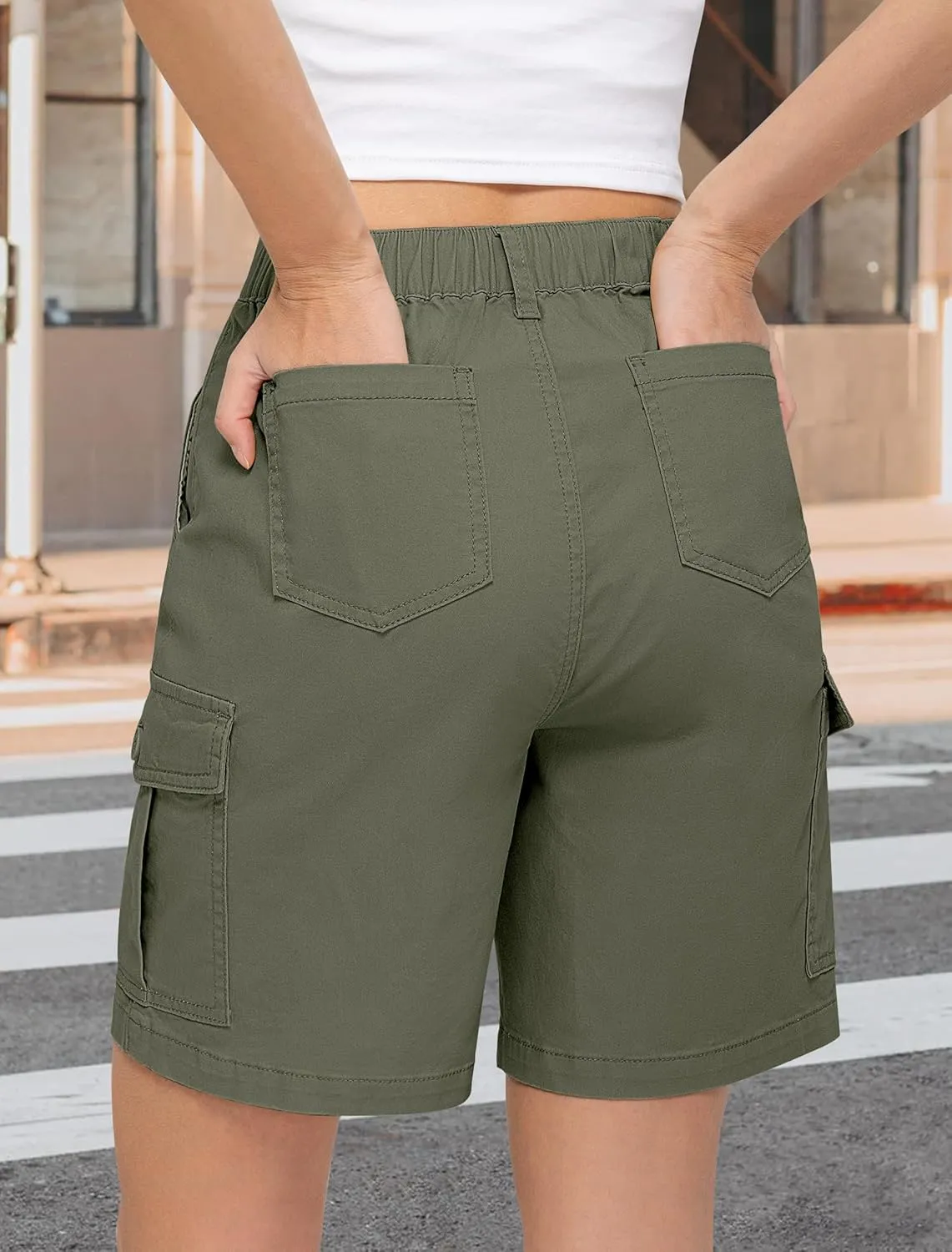 IWD Bermuda Cargo Denim Shorts for Women Knee Length 6 Pockets Elastic Waist Long Jorts for Summer Casual