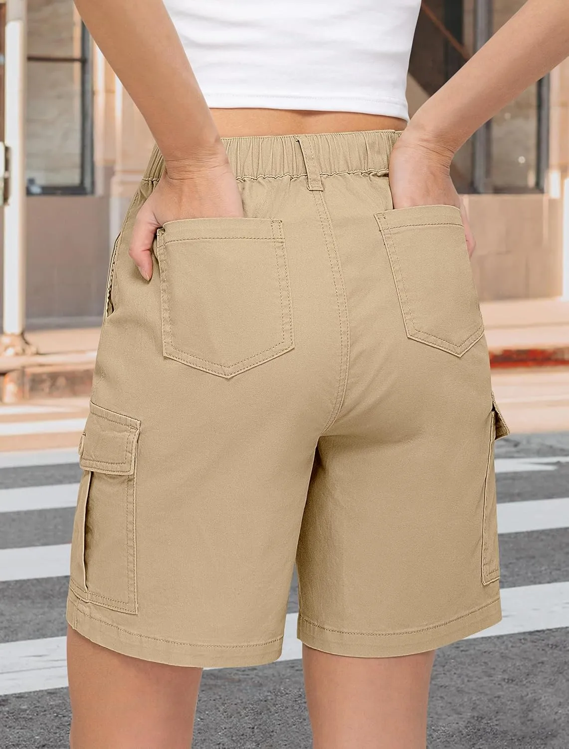 IWD Bermuda Cargo Denim Shorts for Women Knee Length 6 Pockets Elastic Waist Long Jorts for Summer Casual