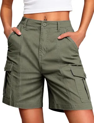 IWD Bermuda Cargo Denim Shorts for Women Knee Length 6 Pockets Elastic Waist Long Jorts for Summer Casual