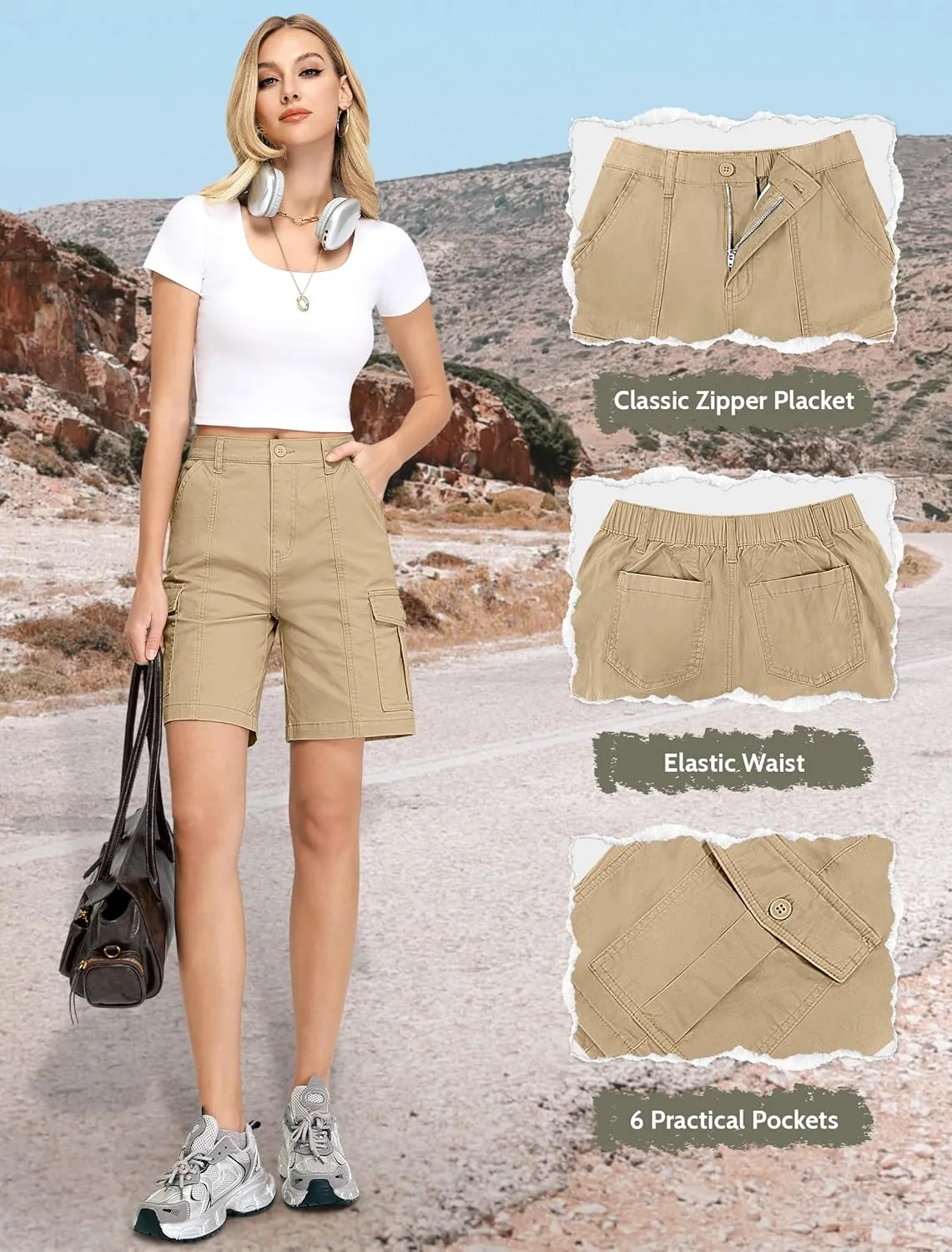 IWD Bermuda Cargo Denim Shorts for Women Knee Length 6 Pockets Elastic Waist Long Jorts for Summer Casual