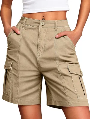 IWD Bermuda Cargo Denim Shorts for Women Knee Length 6 Pockets Elastic Waist Long Jorts for Summer Casual