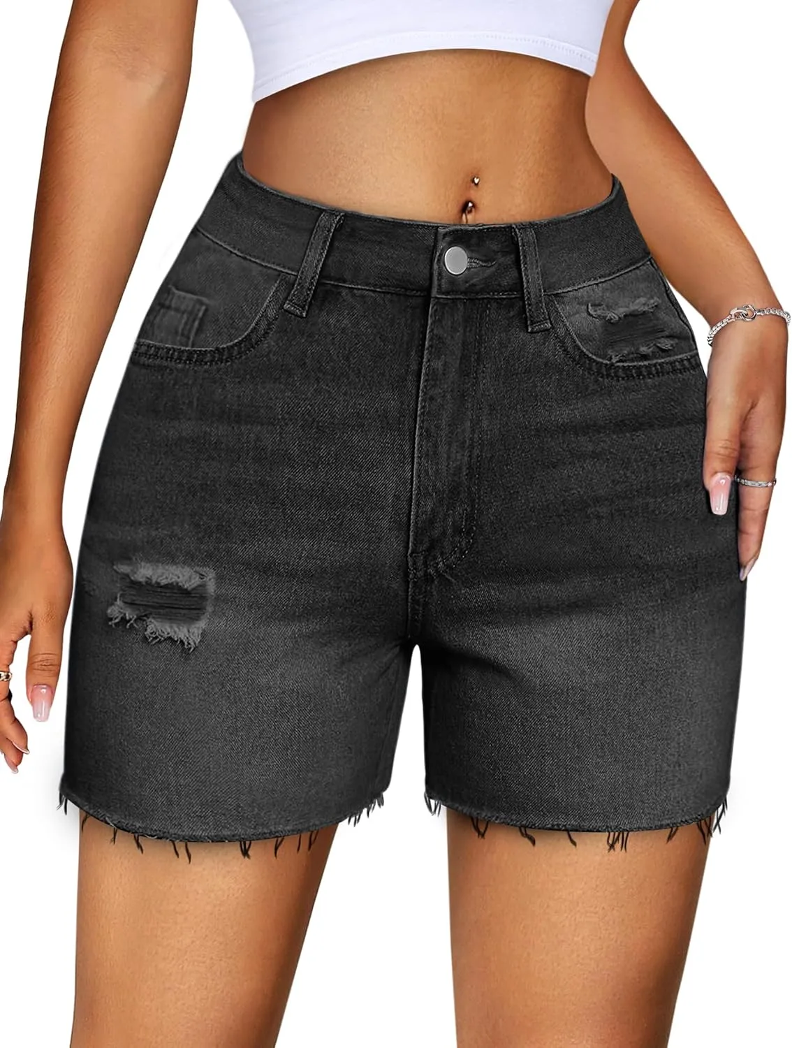 IWD Jean Shorts for Women High Waisted Stretchy Casual Denim Shorts Ripped Frayed Hem Summer Trendy Jorts