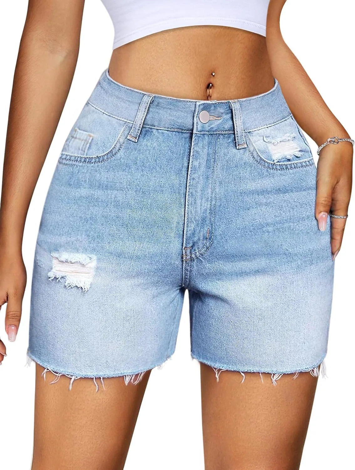 IWD Jean Shorts for Women High Waisted Stretchy Casual Denim Shorts Ripped Frayed Hem Summer Trendy Jorts