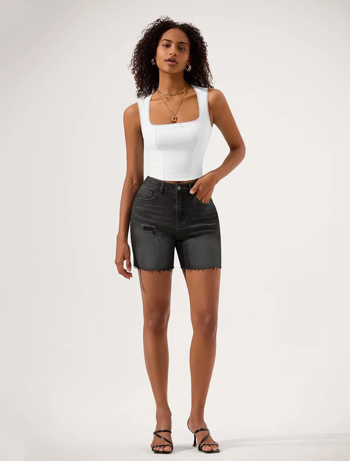 IWD Jean Shorts for Women High Waisted Stretchy Casual Denim Shorts Ripped Frayed Hem Summer Trendy Jorts