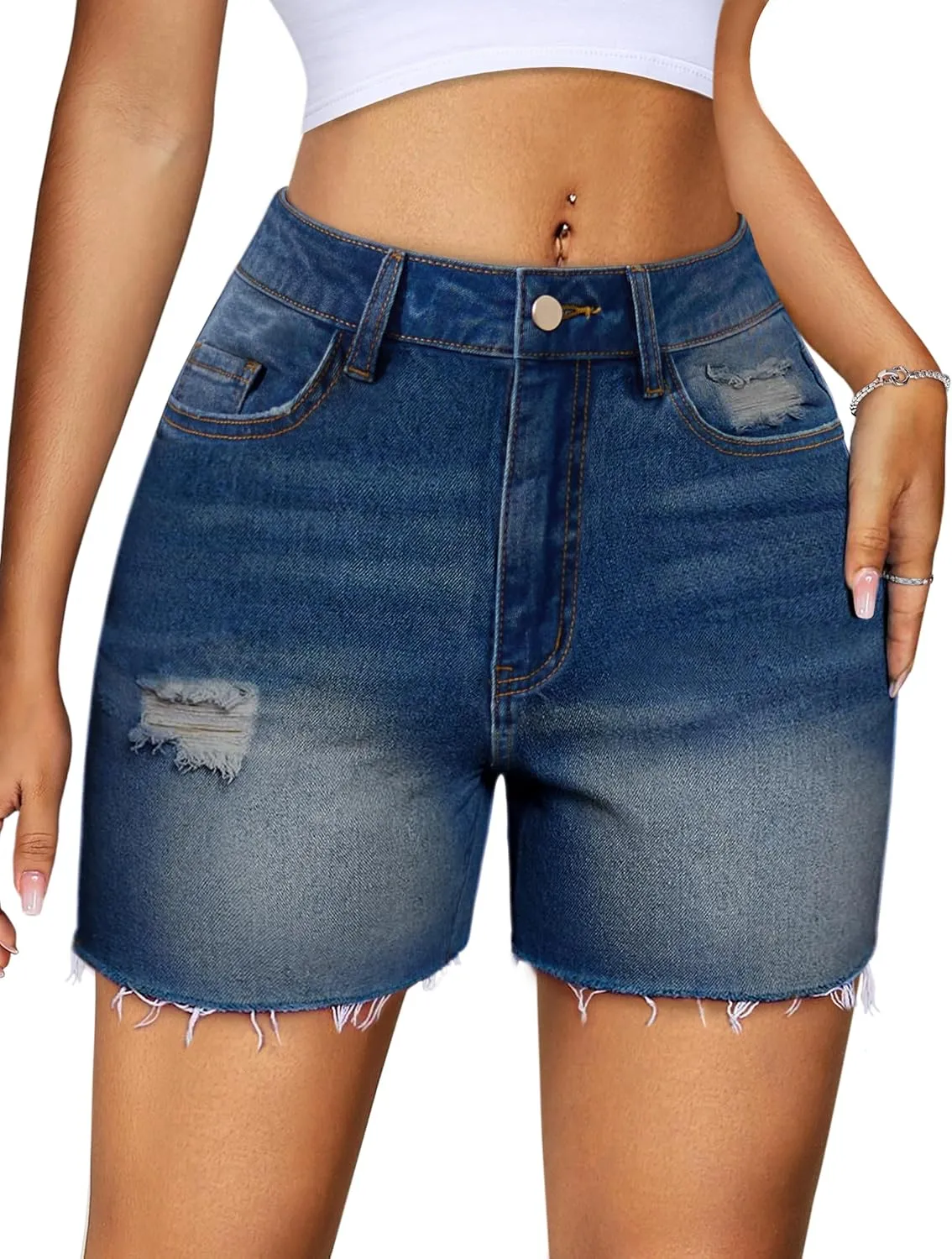 IWD Jean Shorts for Women High Waisted Stretchy Casual Denim Shorts Ripped Frayed Hem Summer Trendy Jorts