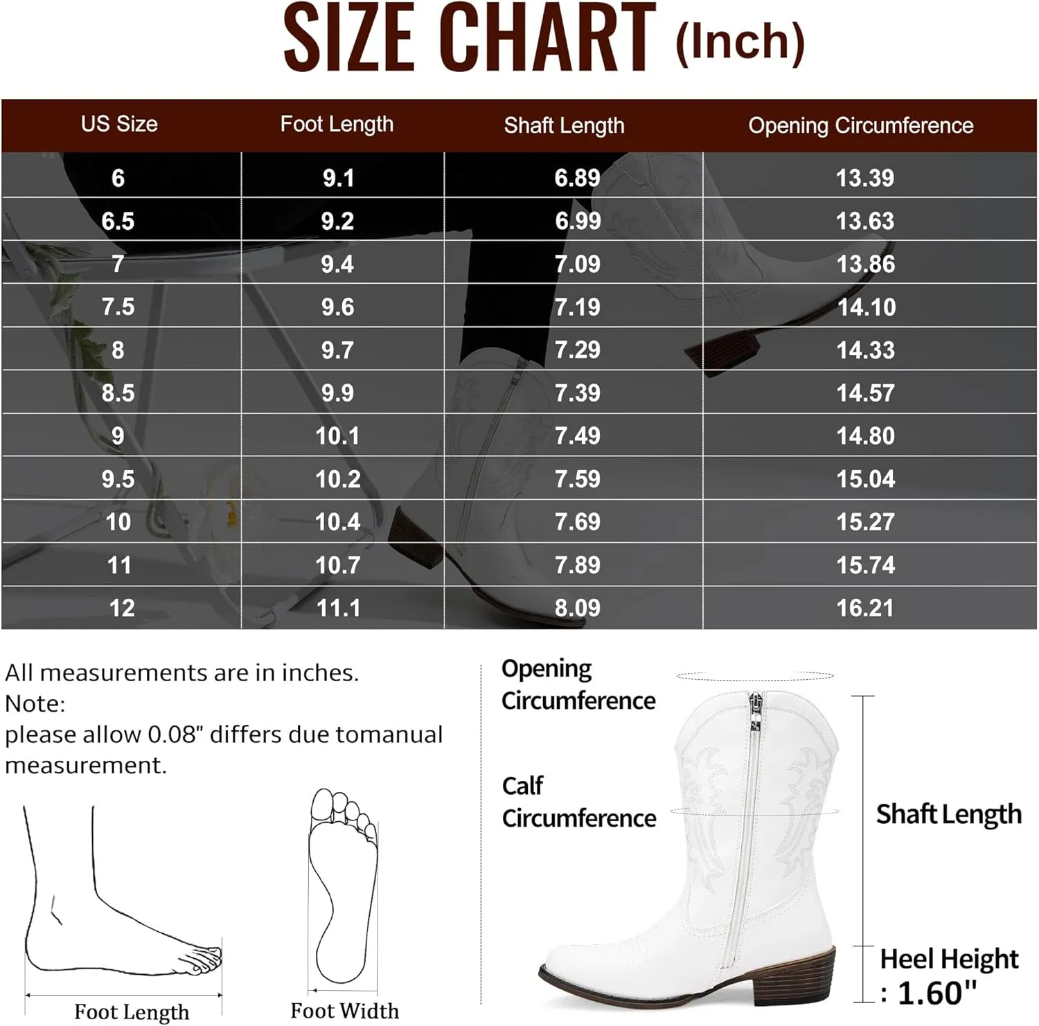 Jeossy Women's Cowboy Boots, Western Cowgirl Mid-Calf Pull on Round Toe Embroidered Country Boots with Inside Zipper