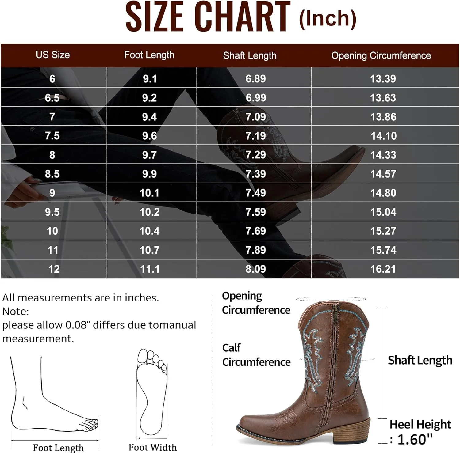 Jeossy Women's Cowboy Boots, Western Cowgirl Mid-Calf Pull on Round Toe Embroidered Country Boots with Inside Zipper