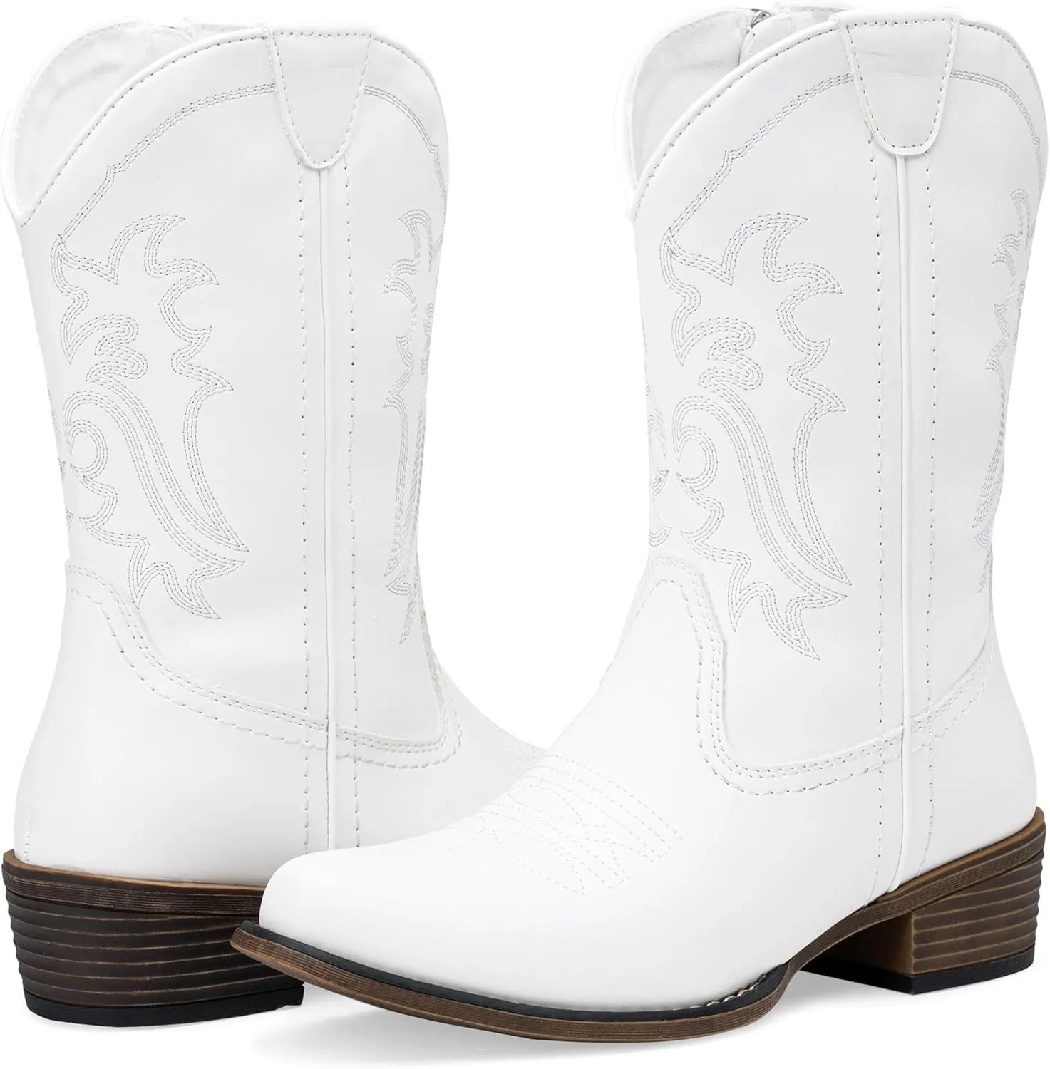 Jeossy Women's Cowboy Boots, Western Cowgirl Mid-Calf Pull on Round Toe Embroidered Country Boots with Inside Zipper