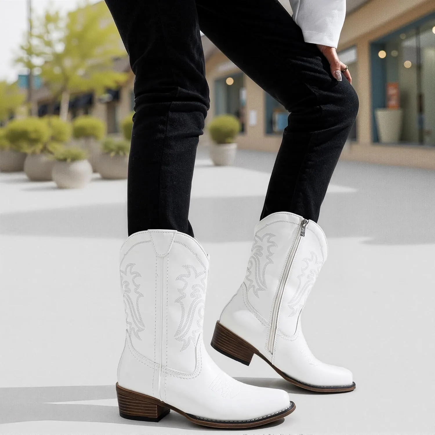 Jeossy Women's Cowboy Boots, Western Cowgirl Mid-Calf Pull on Round Toe Embroidered Country Boots with Inside Zipper