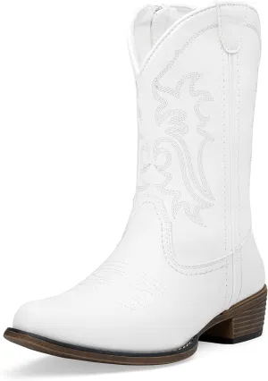 Jeossy Women's Cowboy Boots, Western Cowgirl Mid-Calf Pull on Round Toe Embroidered Country Boots with Inside Zipper