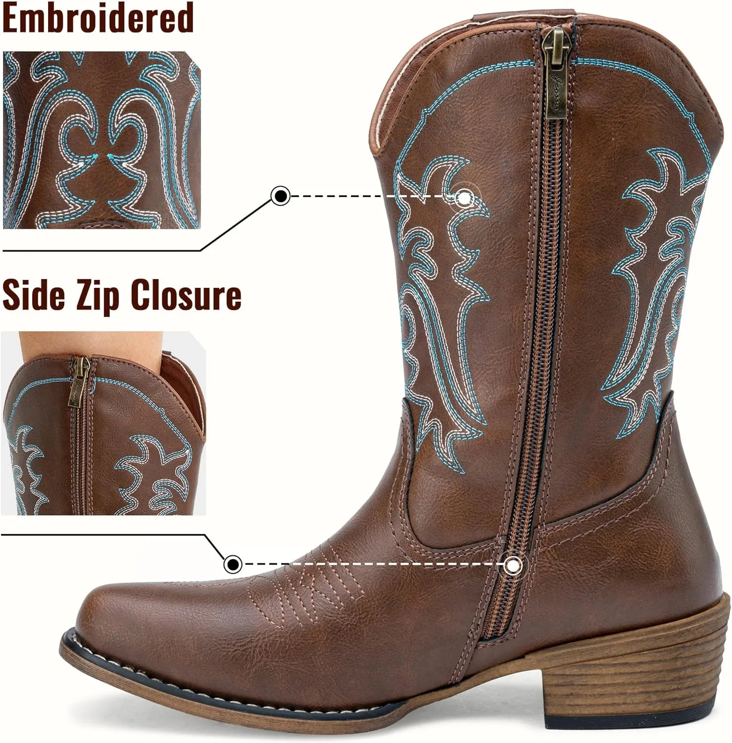 Jeossy Women's Cowboy Boots, Western Cowgirl Mid-Calf Pull on Round Toe Embroidered Country Boots with Inside Zipper