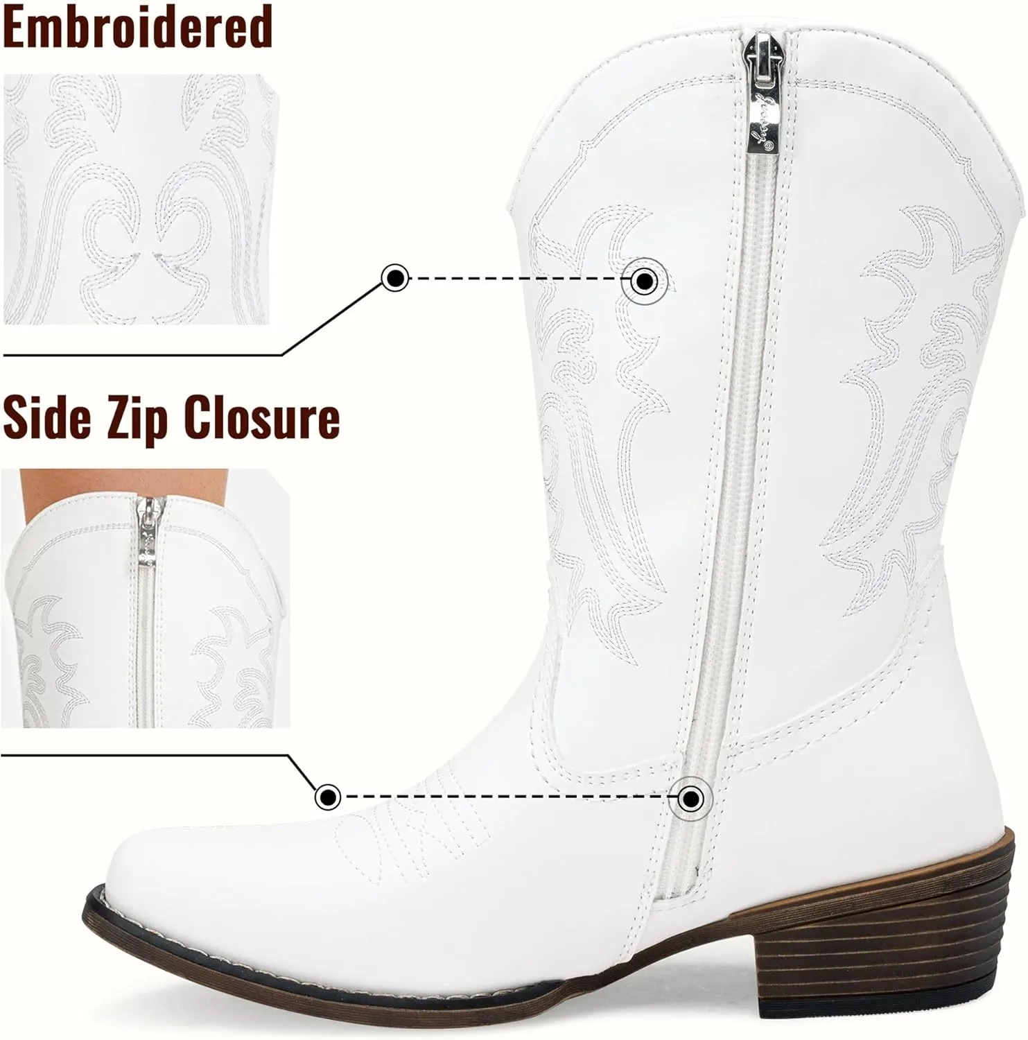 Jeossy Women's Cowboy Boots, Western Cowgirl Mid-Calf Pull on Round Toe Embroidered Country Boots with Inside Zipper