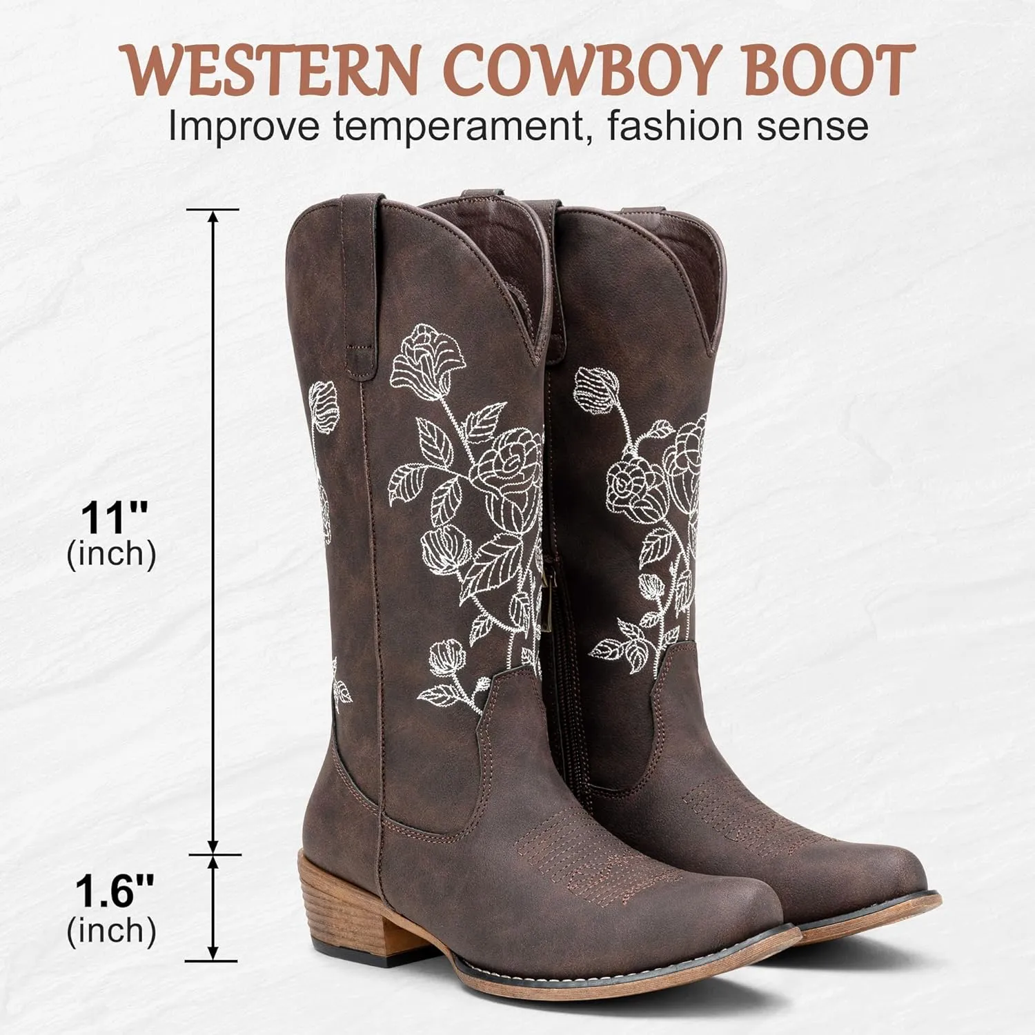 Jeossy Women's Cowboy Mid Calf Boots with Embroidery Flower, Low Heel Western Cowgirl 9807 Boots