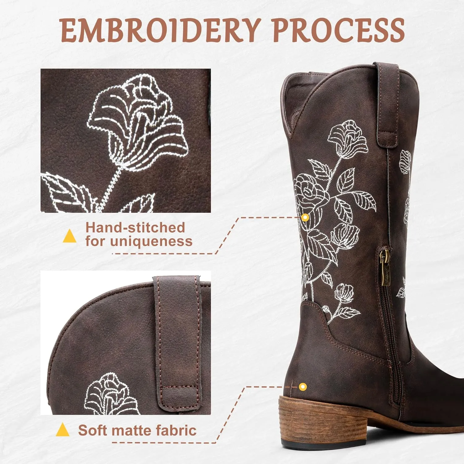 Jeossy Women's Cowboy Mid Calf Boots with Embroidery Flower, Low Heel Western Cowgirl 9807 Boots