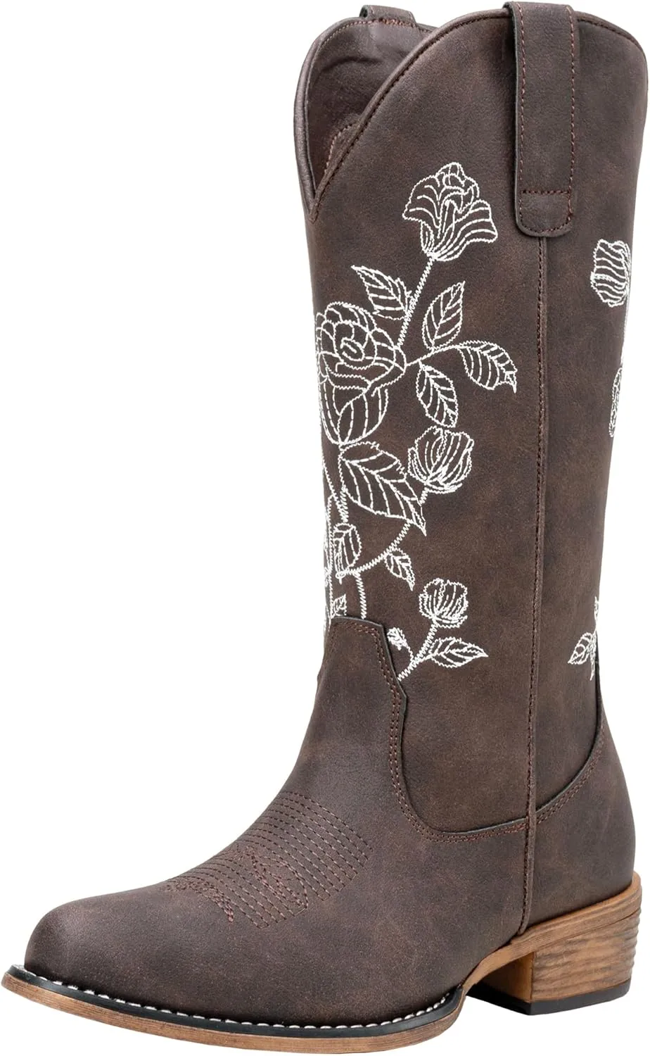 Jeossy Women's Cowboy Mid Calf Boots with Embroidery Flower, Low Heel Western Cowgirl 9807 Boots