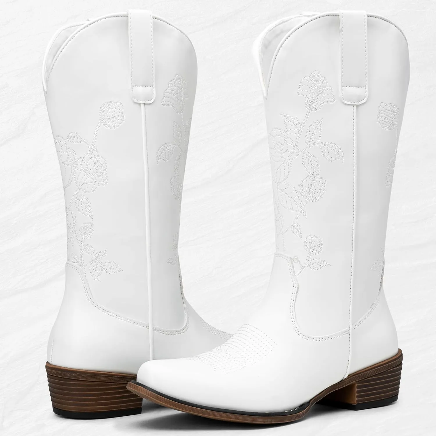 Jeossy Women's Cowboy Mid Calf Boots with Embroidery Flower, Low Heel Western Cowgirl 9807 Boots