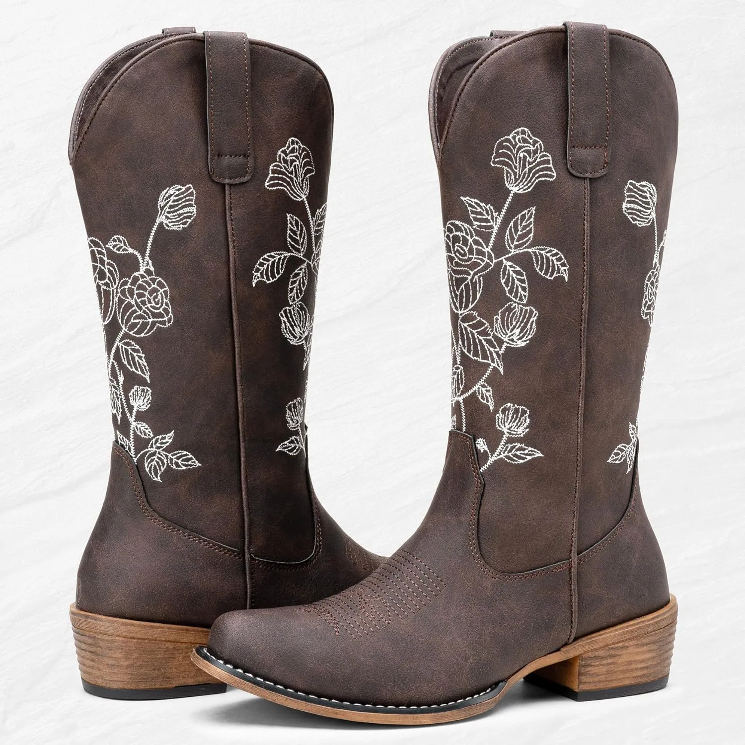 Jeossy Women's Cowboy Mid Calf Boots with Embroidery Flower, Low Heel Western Cowgirl 9807 Boots