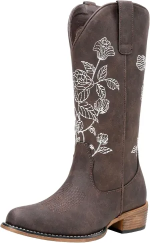 Jeossy Women's Cowboy Mid Calf Boots with Embroidery Flower, Low Heel Western Cowgirl 9807 Boots