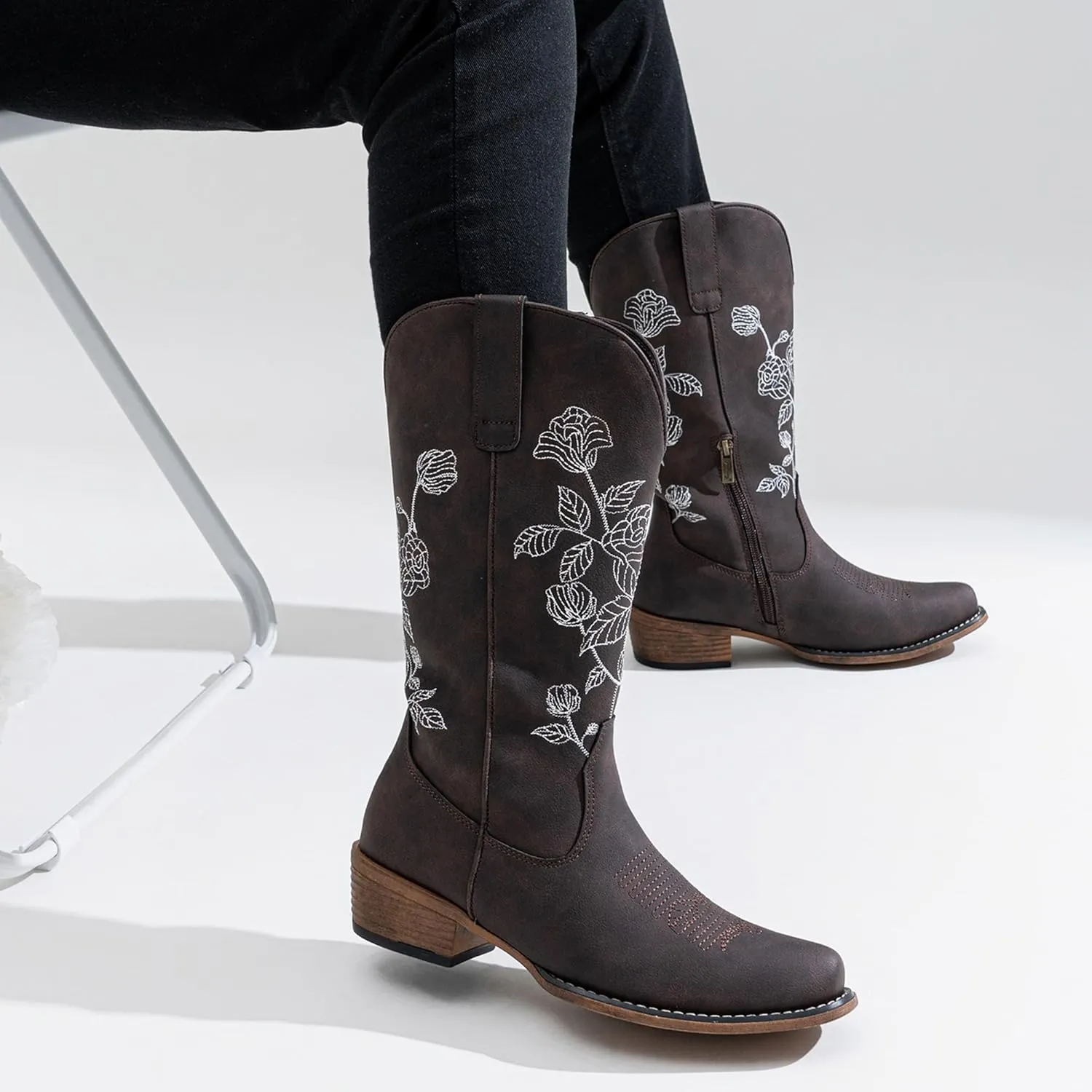 Jeossy Women's Cowboy Mid Calf Boots with Embroidery Flower, Low Heel Western Cowgirl 9807 Boots