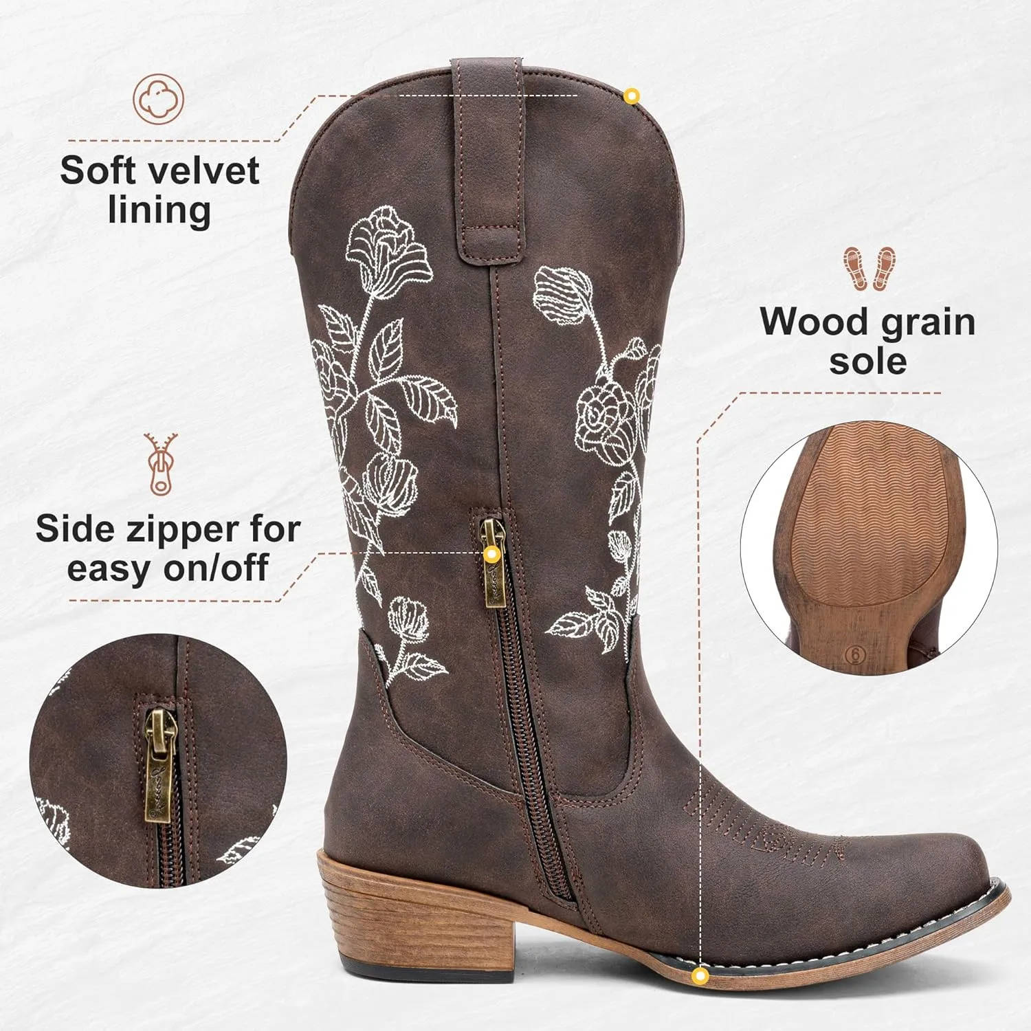 Jeossy Women's Cowboy Mid Calf Boots with Embroidery Flower, Low Heel Western Cowgirl 9807 Boots