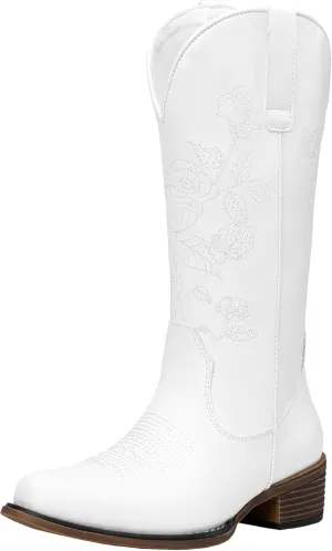 Jeossy Women's Cowboy Mid Calf Boots with Embroidery Flower, Low Heel Western Cowgirl 9807 Boots
