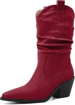 Joseywade Womens Western Boots Cowboy Cowgirl Boots Pointed Toe Mid-Calf Boots Low Stacked Heel Pull On Boots 2.5 Inch US Size 5-15
