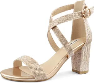 JOY IN LOVE Women's Chunky Block Heels 3 Inch Ankle Strap Low Heel Sandals