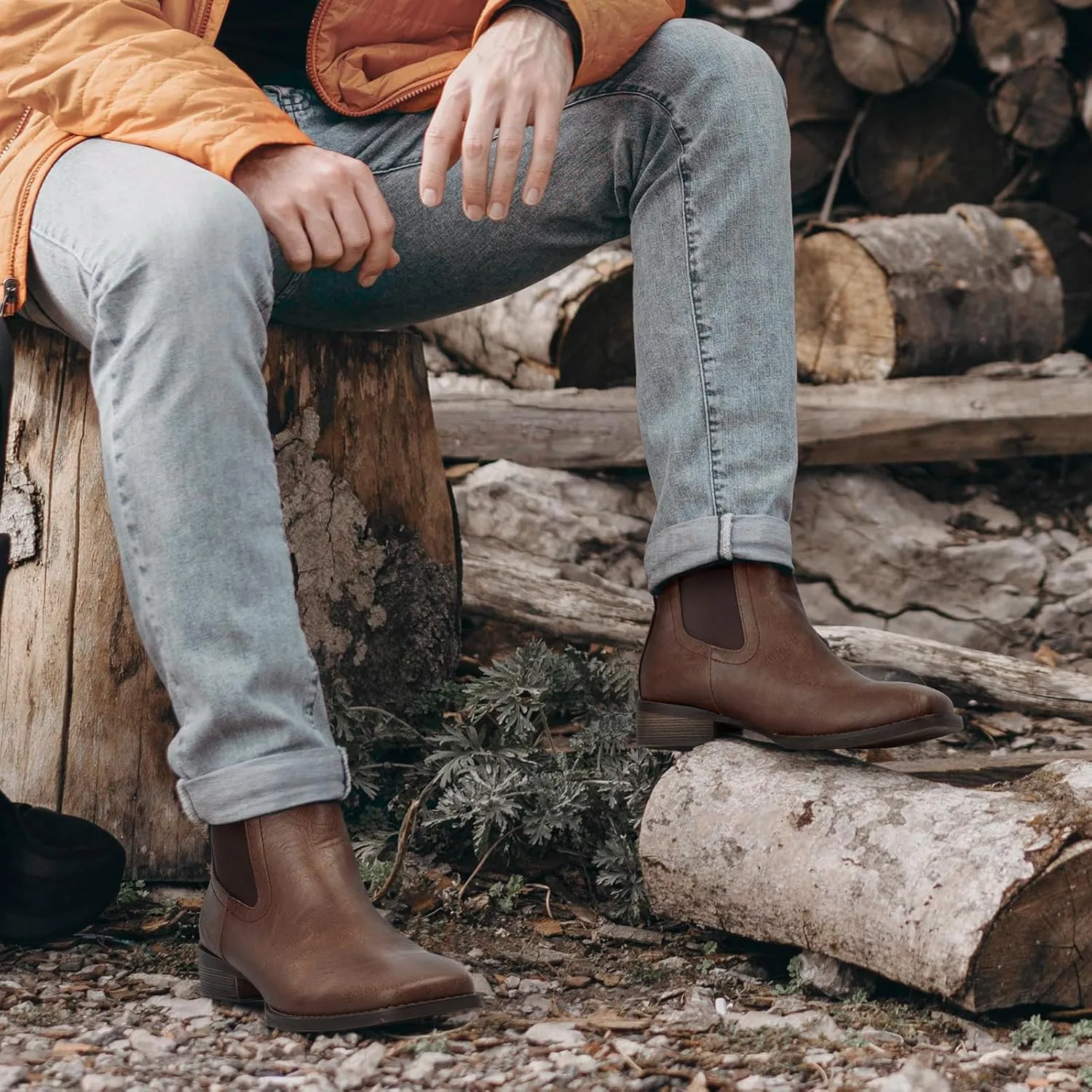 J's.o.l.e Men's Square Toe Western Chelsea Boots Slip On Fashion Casual Ankle Cowboy Dress Boots Brown