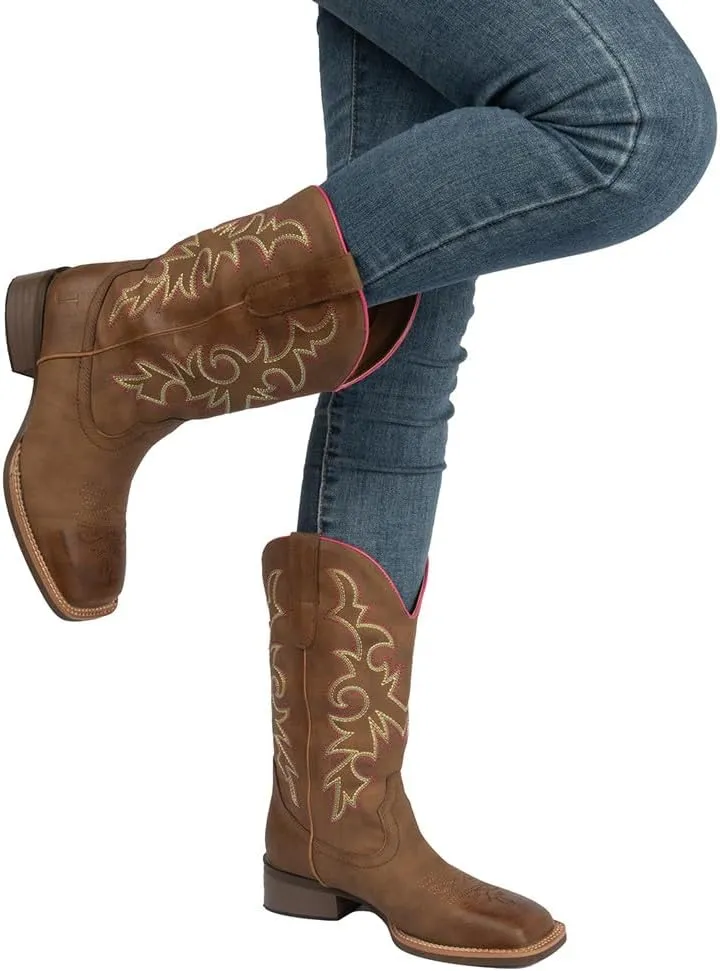 J's.o.l.e Western Wide Calf Cowboy Boots Women Wide Width Square Toe Cowgirl Boots Embroidered Riding Black Brown Boot