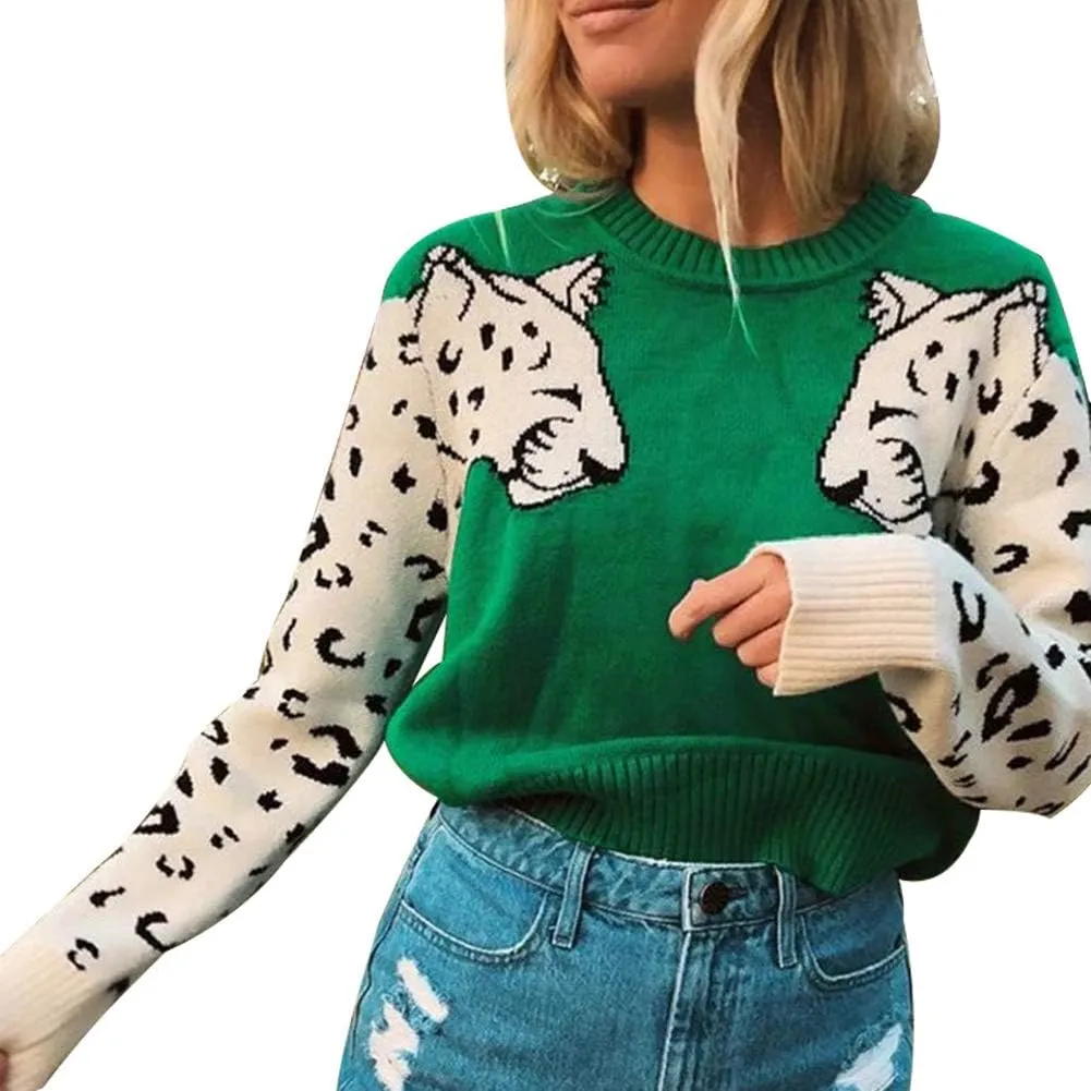 JUNBOON Women’s Casual Leopard Print Knitted Pullover Sweaters Long Sleeve Crew Neck Jumper Tops
