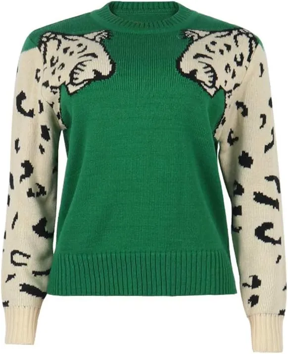 JUNBOON Women’s Casual Leopard Print Knitted Pullover Sweaters Long Sleeve Crew Neck Jumper Tops