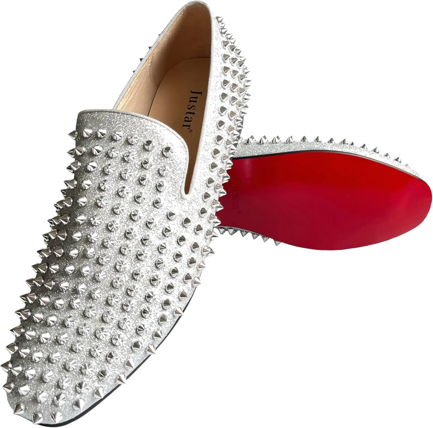 Justar Men's Leather Spikes Loafers Studded Dress Shoes Slip-on Flats Long Rivet Party Shoes