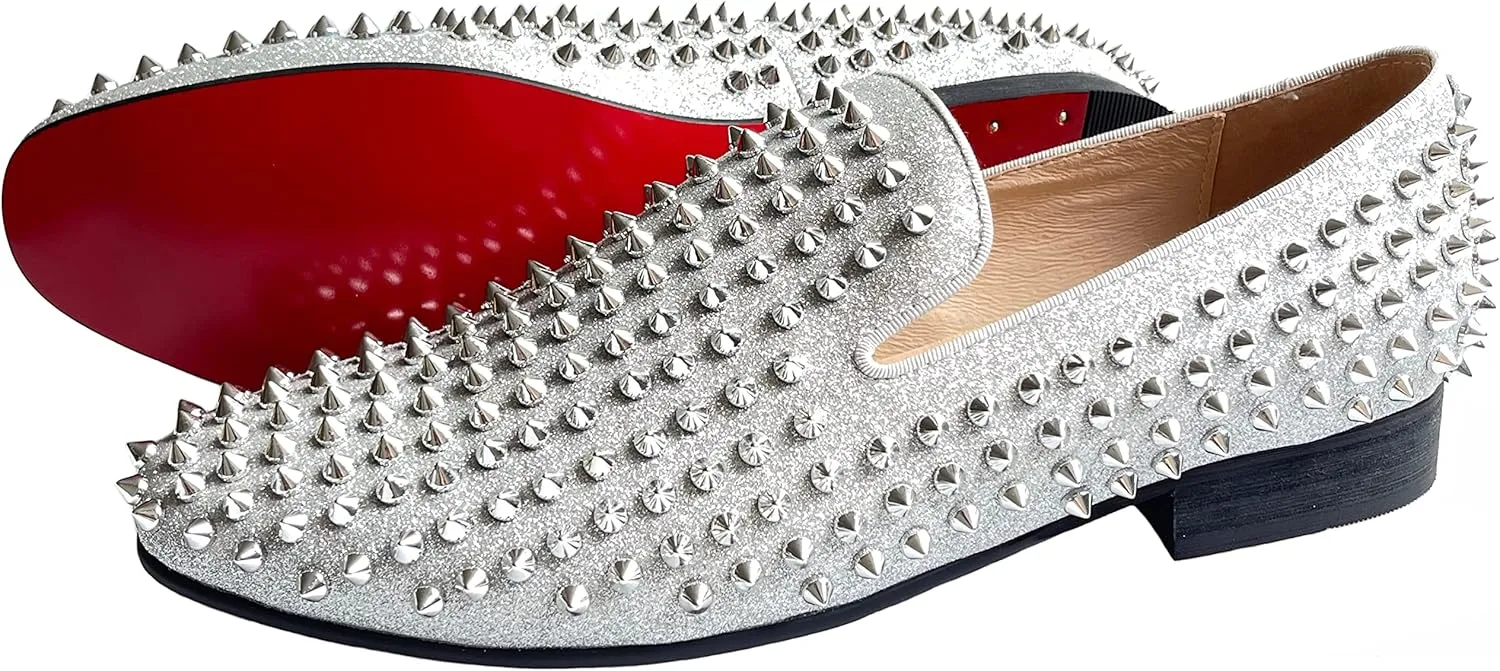 Justar Men's Leather Spikes Loafers Studded Dress Shoes Slip-on Flats Long Rivet Party Shoes