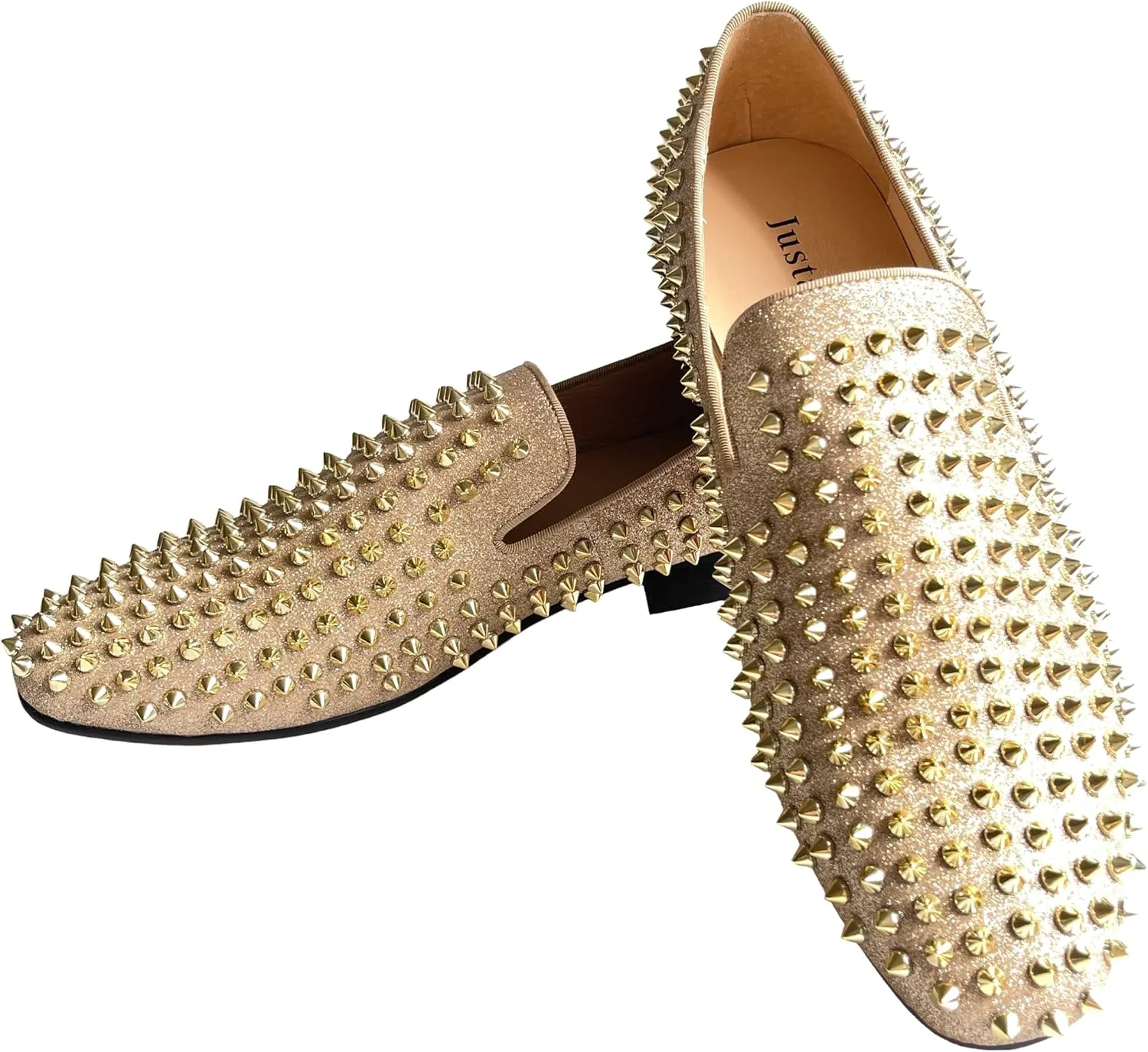 Justar Men's Leather Spikes Loafers Studded Dress Shoes Slip-on Flats Long Rivet Party Shoes