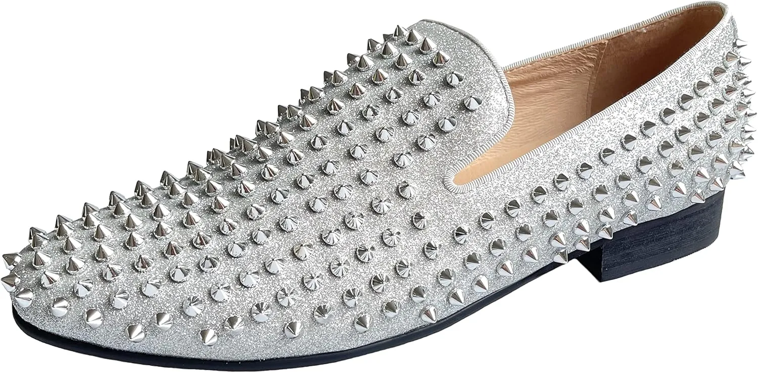 Justar Men's Leather Spikes Loafers Studded Dress Shoes Slip-on Flats Long Rivet Party Shoes