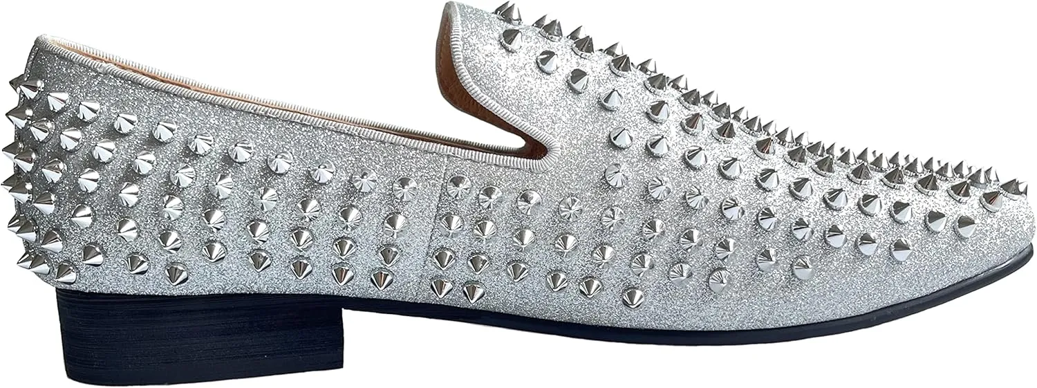 Justar Men's Leather Spikes Loafers Studded Dress Shoes Slip-on Flats Long Rivet Party Shoes