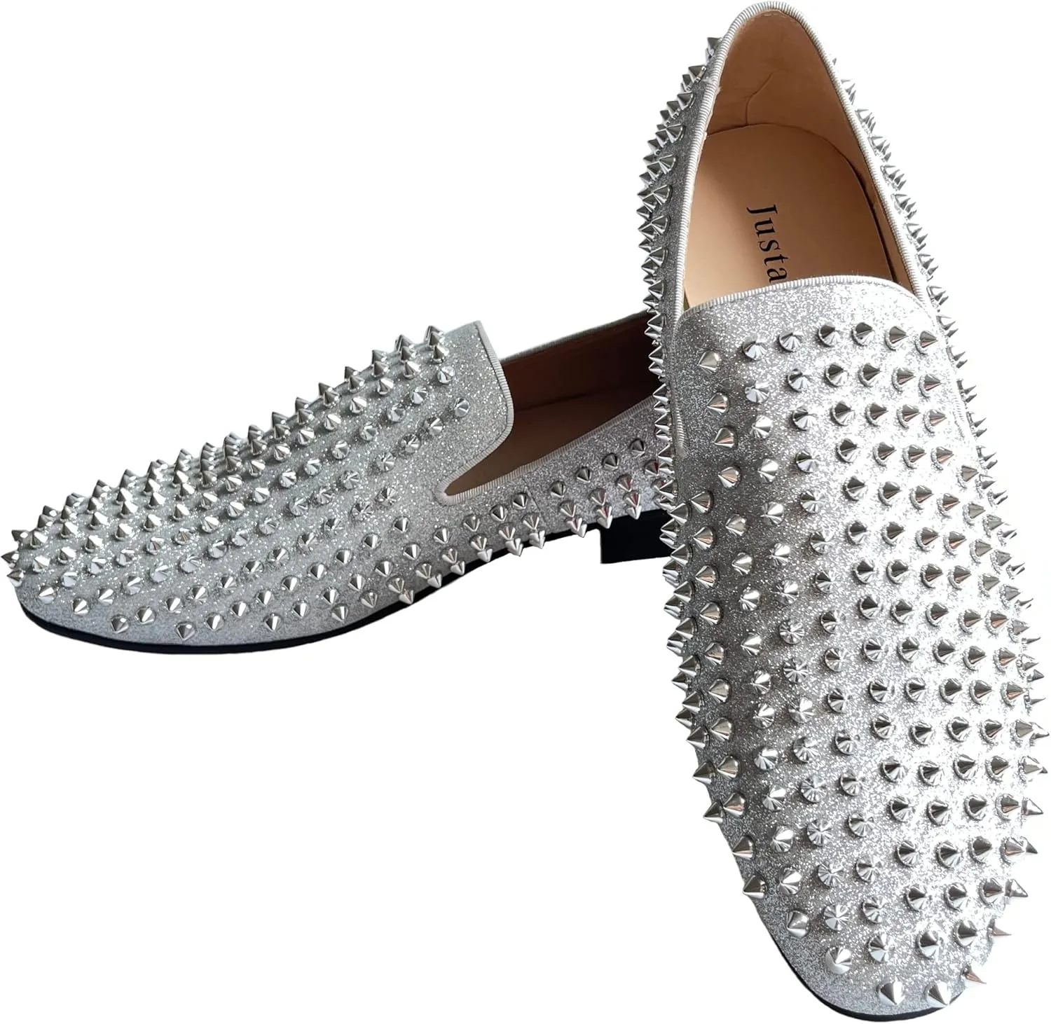 Justar Men's Leather Spikes Loafers Studded Dress Shoes Slip-on Flats Long Rivet Party Shoes