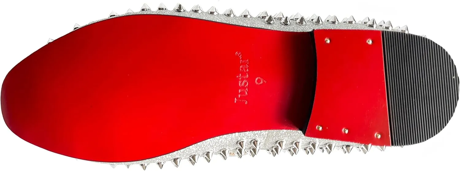 Justar Men's Leather Spikes Loafers Studded Dress Shoes Slip-on Flats Long Rivet Party Shoes