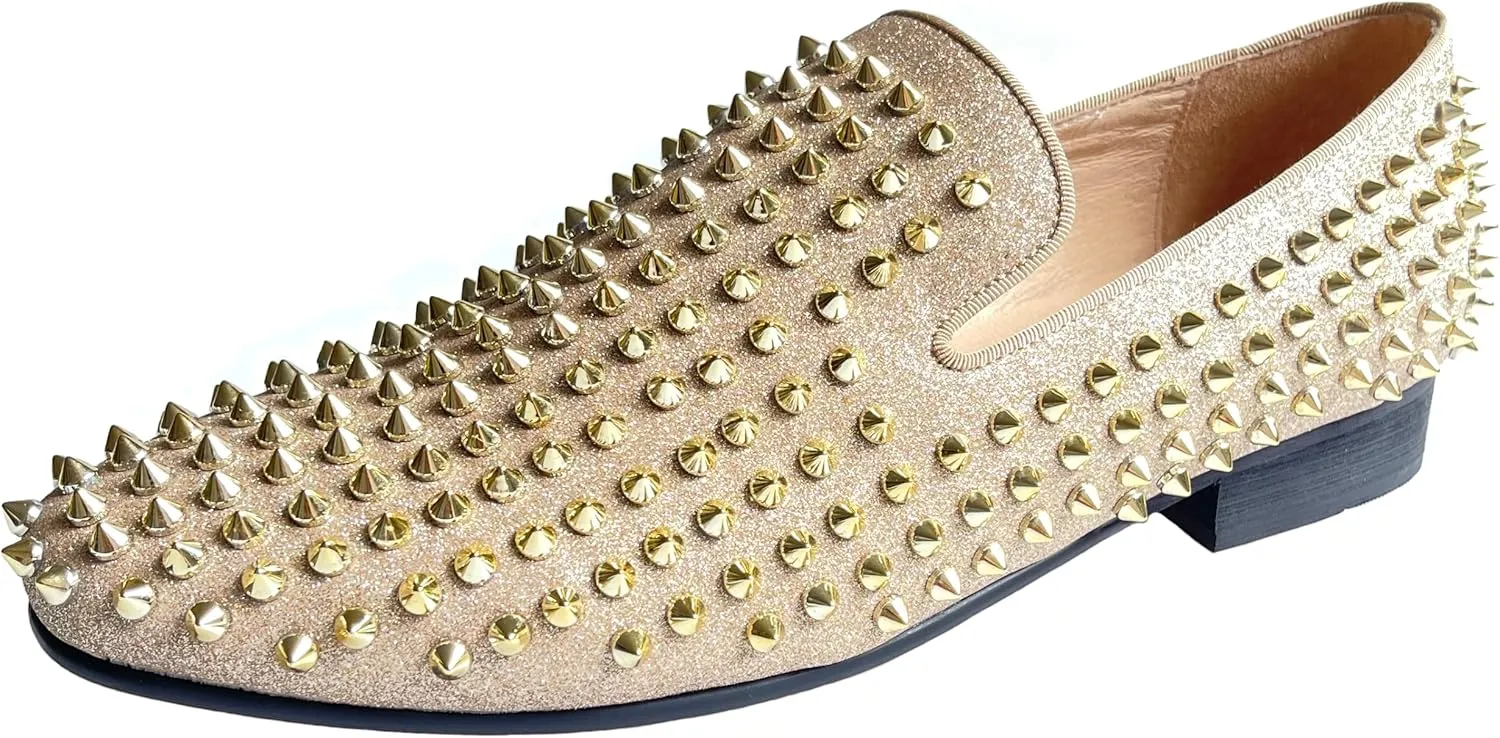 Justar Men's Leather Spikes Loafers Studded Dress Shoes Slip-on Flats Long Rivet Party Shoes