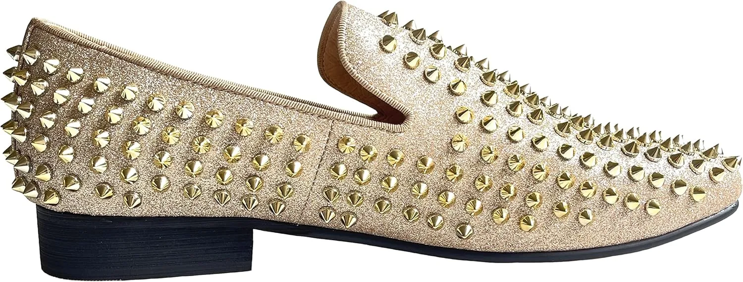 Justar Men's Leather Spikes Loafers Studded Dress Shoes Slip-on Flats Long Rivet Party Shoes