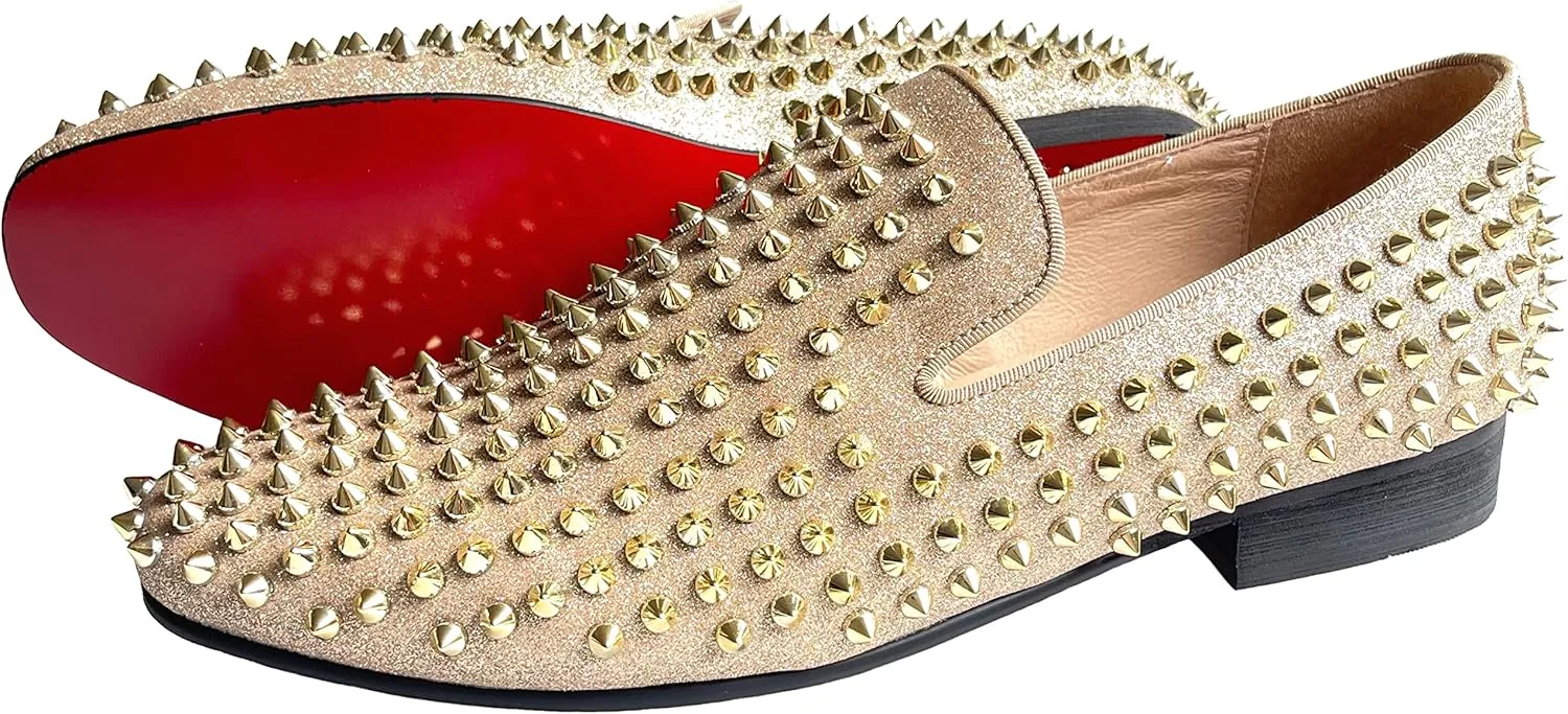 Justar Men's Leather Spikes Loafers Studded Dress Shoes Slip-on Flats Long Rivet Party Shoes