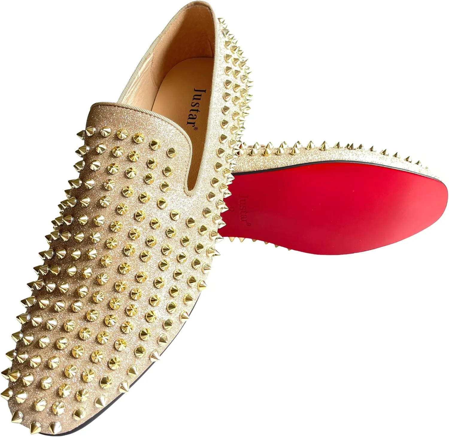 Justar Men's Leather Spikes Loafers Studded Dress Shoes Slip-on Flats Long Rivet Party Shoes